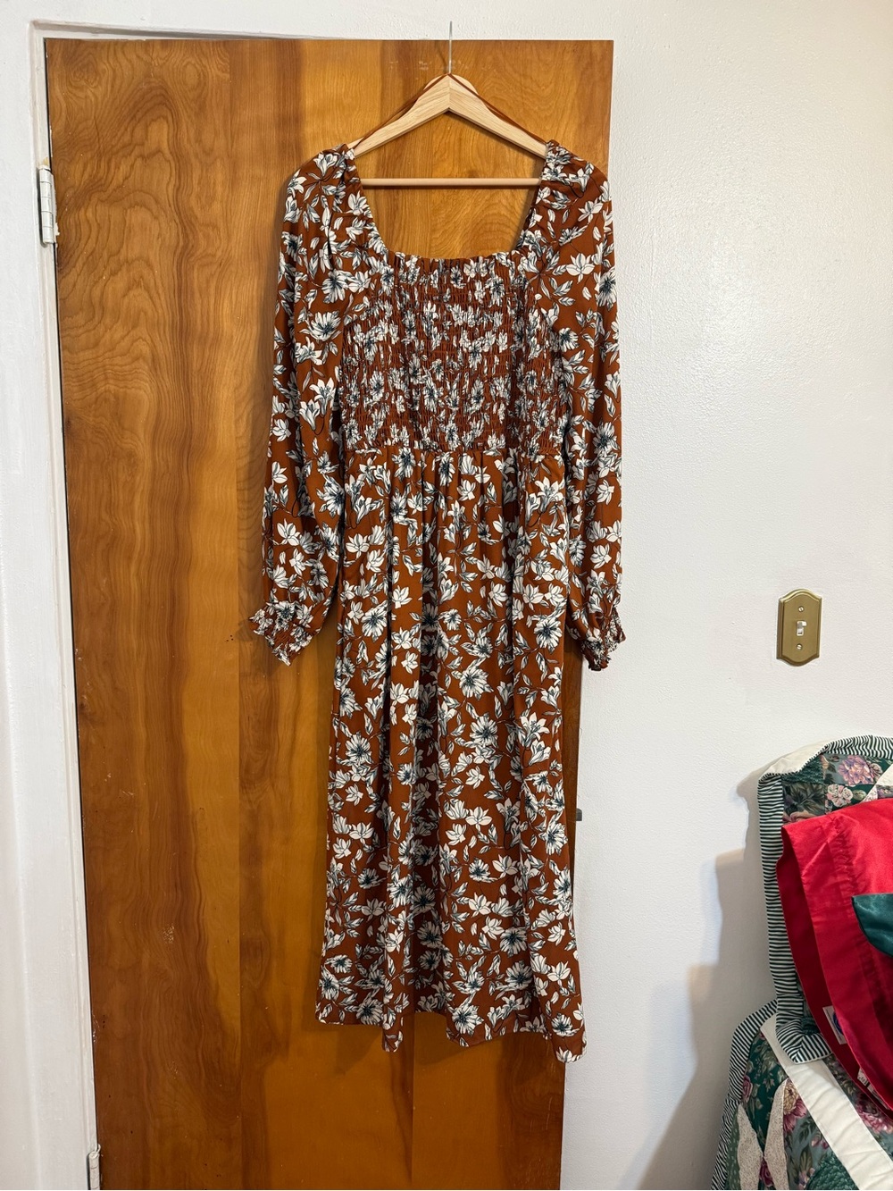 La Ligne Brown Floral Long Sleeve Smocked Midi Dress